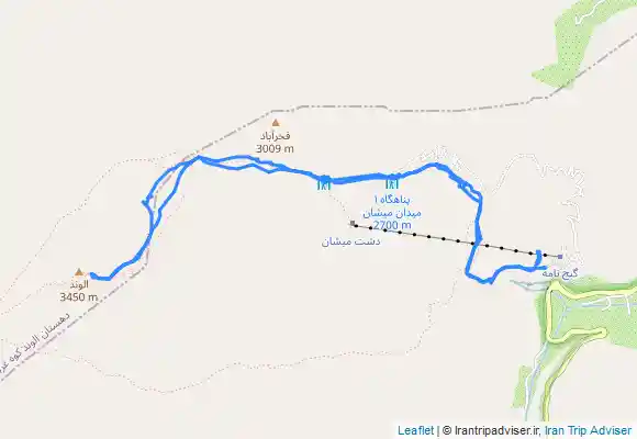 ترک جی پی اس Mountain hut, پناهگاه دوم میشان Second Shelter of Mishan and قله الوند Alvand Peak from پارکینگ Parking