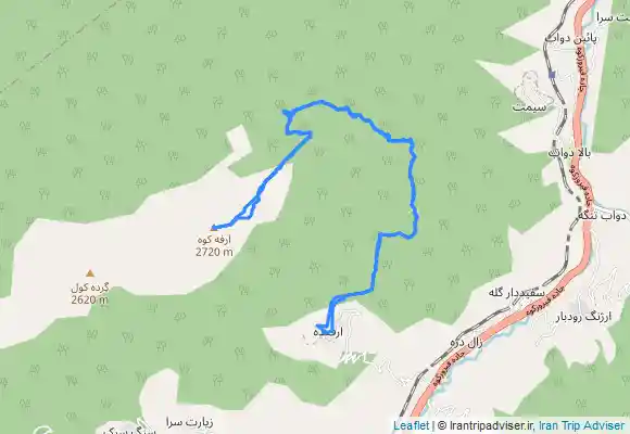 ترک جی پی اس پیمایش از روستای ارفع ده تا قله ارفع کوه از پرو چشمه